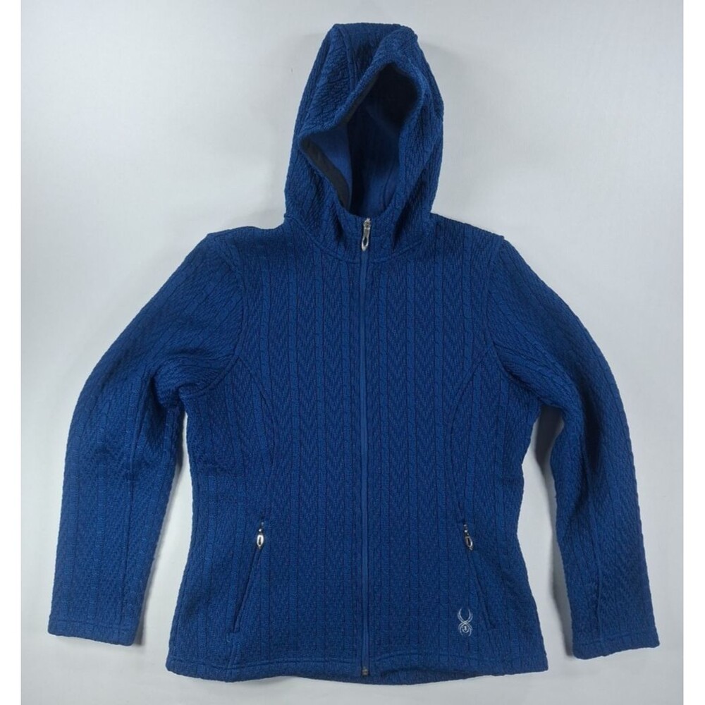Spyder Sapphire Womens Large Cable Full Zip Hooded Sweater Jacket Blue Knit